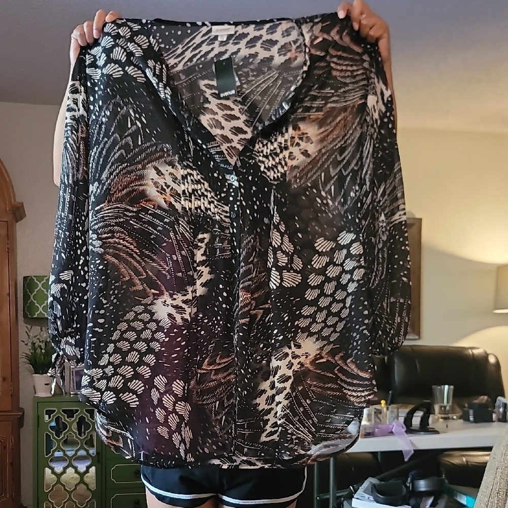 Avenue Black and Cream Patterned Blouse